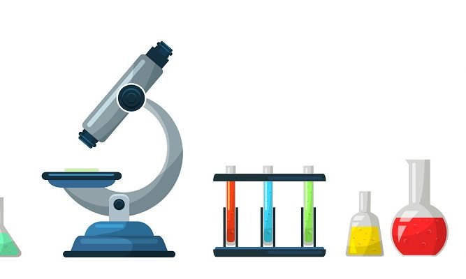 Chemical lab equipment, scientific tools, microscope, flasks with toxic liquid on white background. Cartoon medical and chemistry laboratory banner design